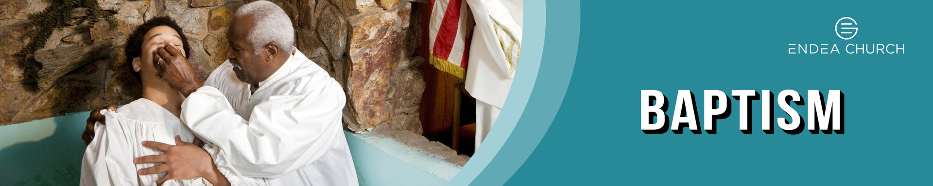 Baptism ceremony with two people in white robes, one applying oil to the other's head, with 'Endeia Church' branding.