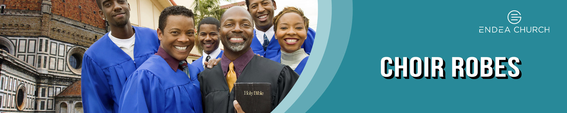 Group of people wearing choir robes with a cathedral in the background, featuring 'Endea Church' branding.